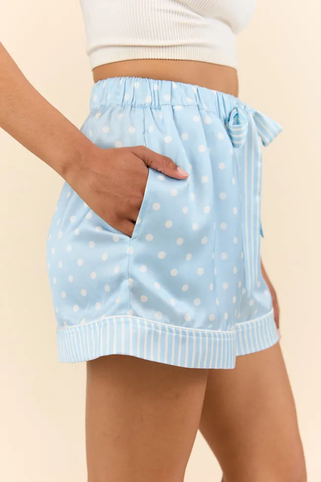 No Alarm Blue Polka Dot Satin Pajama Shorts,Women Pants