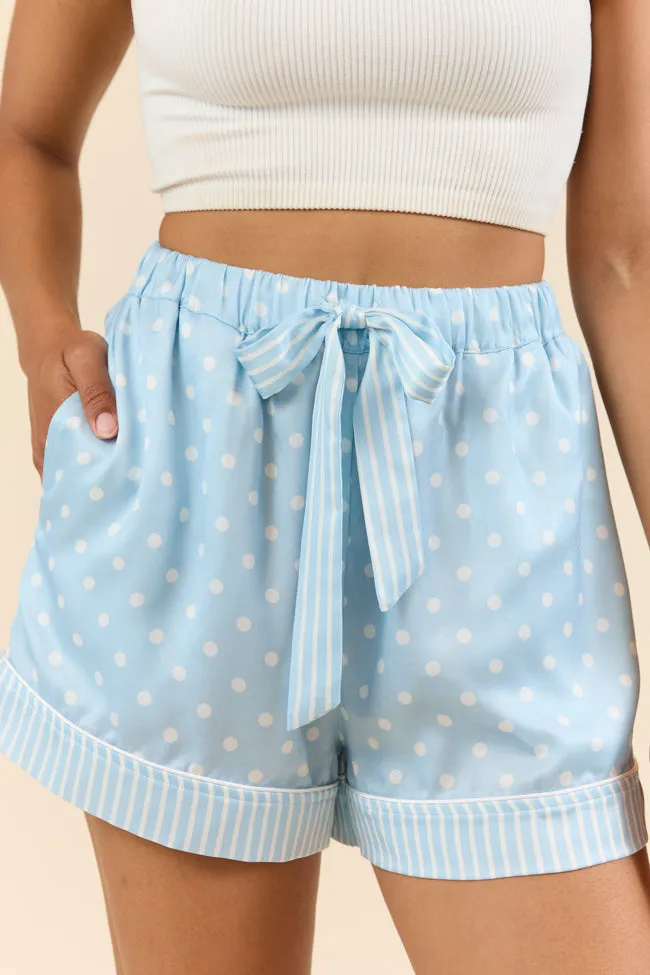 No Alarm Blue Polka Dot Satin Pajama Shorts,Women Pants