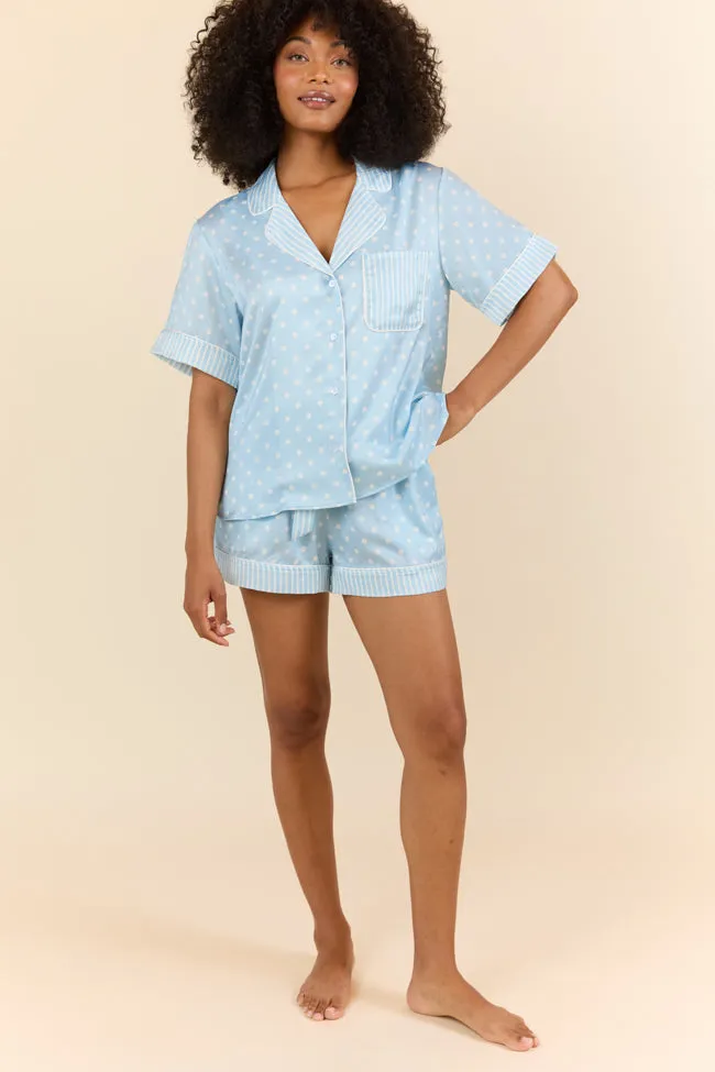 No Alarm Blue Polka Dot Satin Pajama Shorts,Women Pants