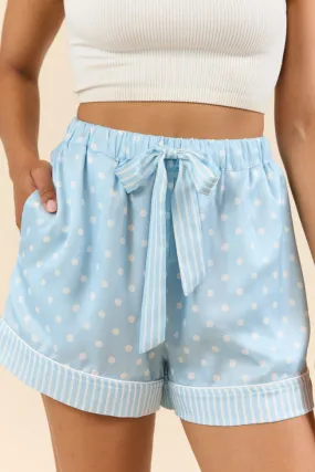 No Alarm Blue Polka Dot Satin Pajama Shorts,Women Pants