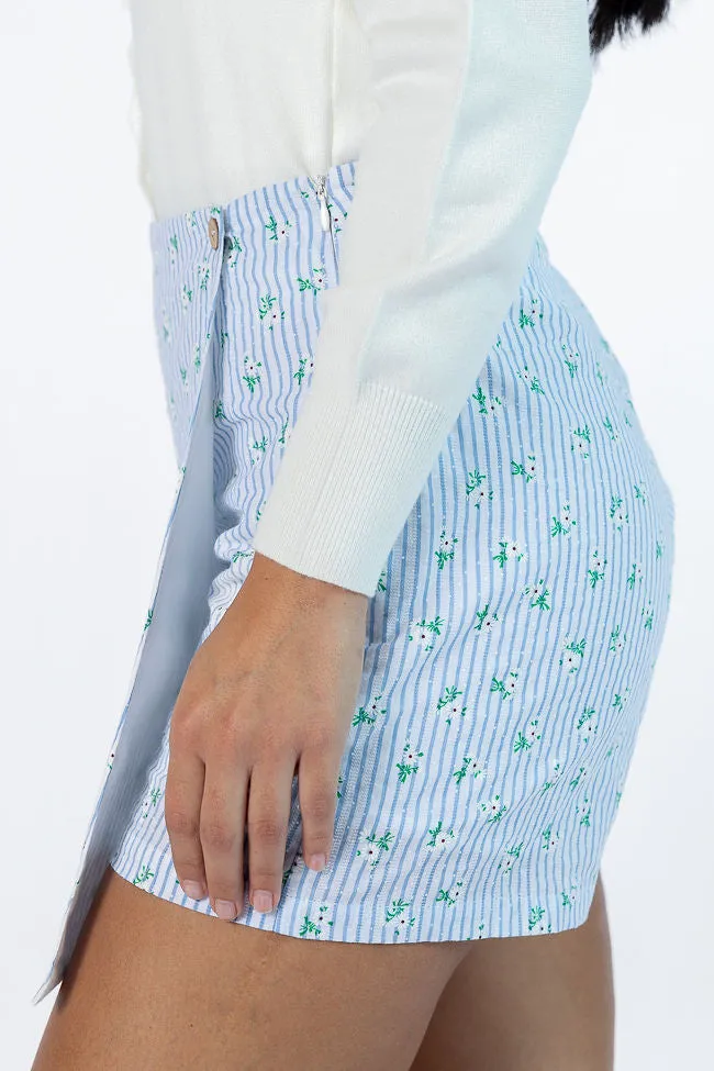 Not So Simple Blue Striped Floral Print Skort,Women Skirts Comfort