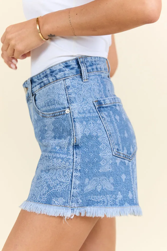 Nothing Compares Medium Wash Bandana Print Relaxed Fit Denim Shorts SALE,Women Shorts