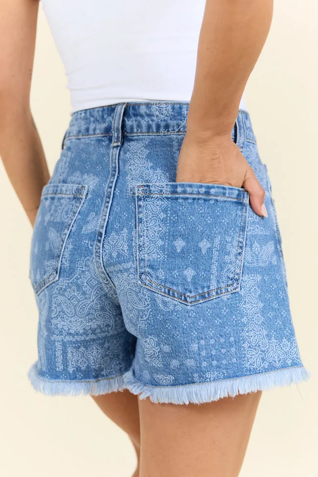 Nothing Compares Medium Wash Bandana Print Relaxed Fit Denim Shorts SALE,Women Shorts