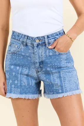 Nothing Compares Medium Wash Bandana Print Relaxed Fit Denim Shorts SALE,Women Shorts