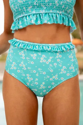 Ocean To Ocean Teal Ditsy Floral Bikini Bottoms,Swimwear