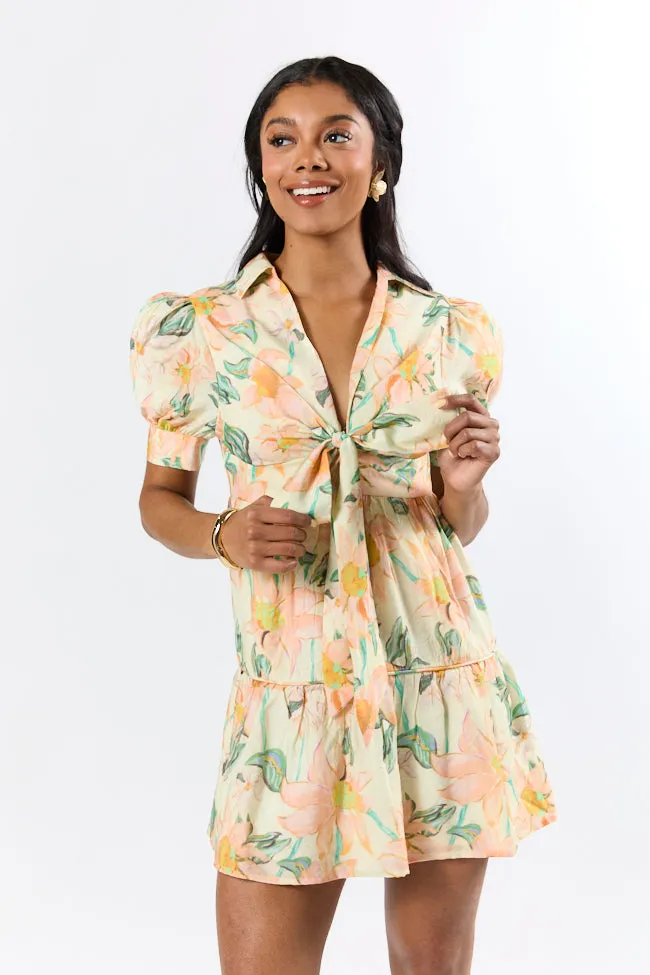 Off The Vine Multi Floral Print Front Tie Shirt Dress SALE,Daily Outfit
