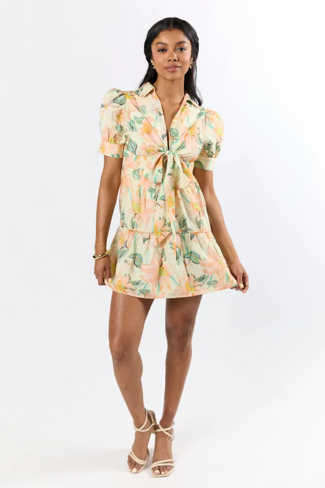 Off The Vine Multi Floral Print Front Tie Shirt Dress SALE,Daily Outfit