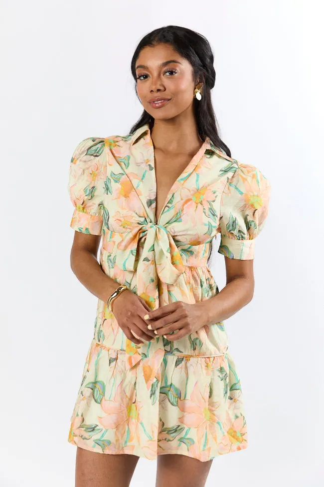 Off The Vine Multi Floral Print Front Tie Shirt Dress SALE,Daily Outfit