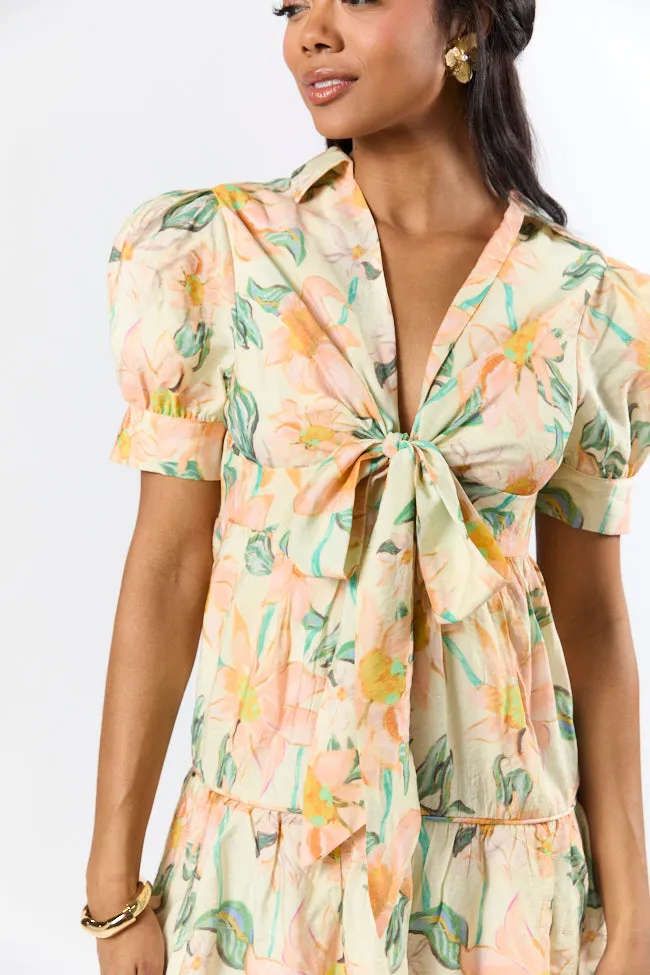 Off The Vine Multi Floral Print Front Tie Shirt Dress SALE,Daily Outfit