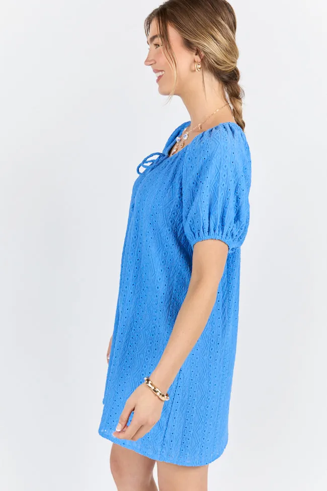On A Whim Blue Knit Eyelet Short Sleeve Dress,Daily Outfit