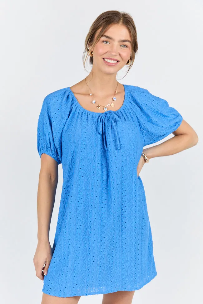 On A Whim Blue Knit Eyelet Short Sleeve Dress,Daily Outfit