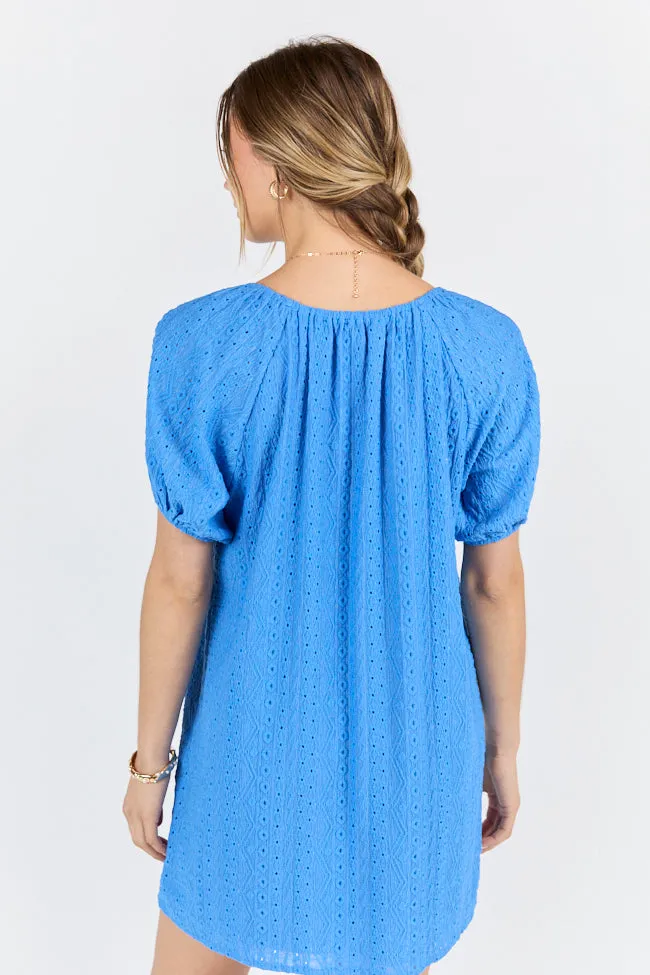 On A Whim Blue Knit Eyelet Short Sleeve Dress,Daily Outfit