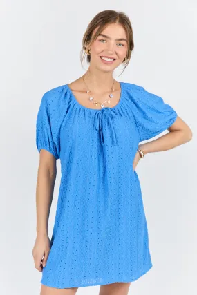 On A Whim Blue Knit Eyelet Short Sleeve Dress,Daily Outfit