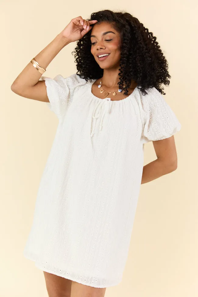 On A Whim White Knit Eyelet Short Sleeve Dress,Daily Outfit