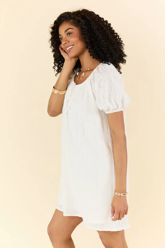 On A Whim White Knit Eyelet Short Sleeve Dress,Daily Outfit