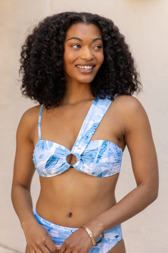On The Water Blue Printed Asymmetrical Bandeau Bikini Top SALE,Swimwear