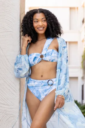 On The Water Blue Printed Asymmetrical Bandeau Bikini Top SALE,Swimwear