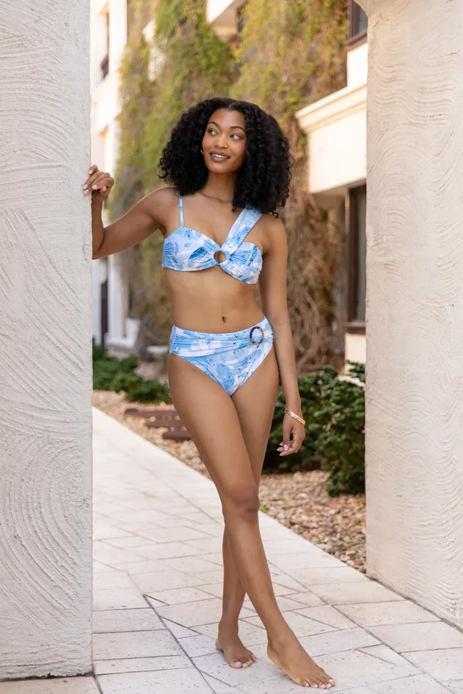 On The Water Blue Printed Asymmetrical Bandeau Bikini Top SALE,Swimwear