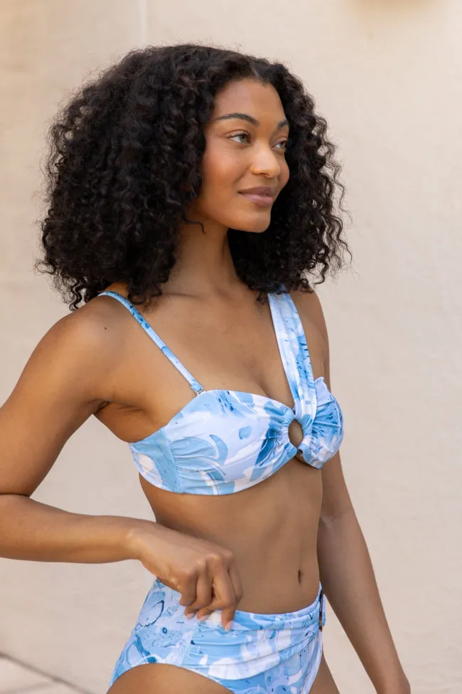 On The Water Blue Printed Asymmetrical Bandeau Bikini Top SALE,Swimwear