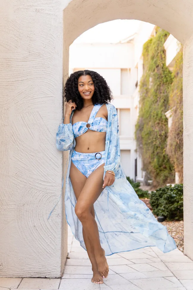 On The Water Blue Printed Ring Front Midrise Bikini Bottoms,Swimwear