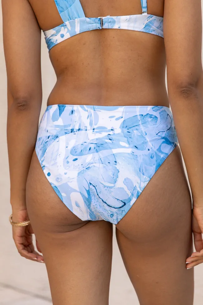 On The Water Blue Printed Ring Front Midrise Bikini Bottoms,Swimwear