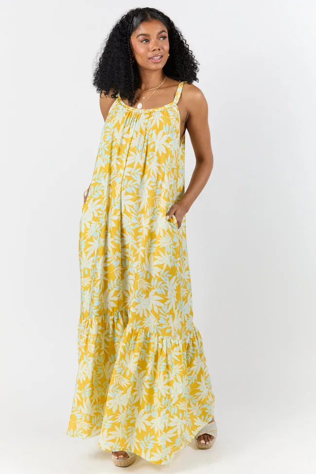 Painting The Sky Yellow Leaf Print Maxi Dress SALE,Daily Outfit