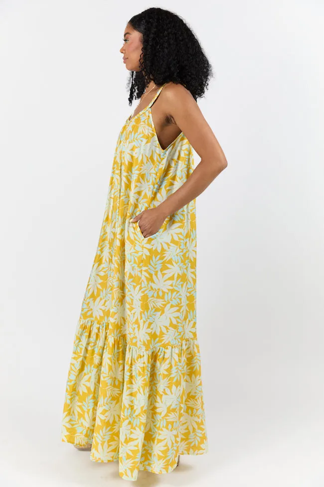 Painting The Sky Yellow Leaf Print Maxi Dress SALE,Daily Outfit