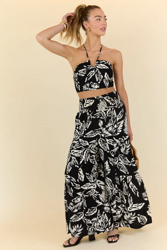 Palm Dreams Leaf Print Black Set,Women Pants