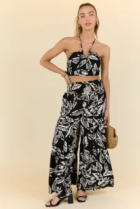 Palm Dreams Leaf Print Black Set,Women Pants