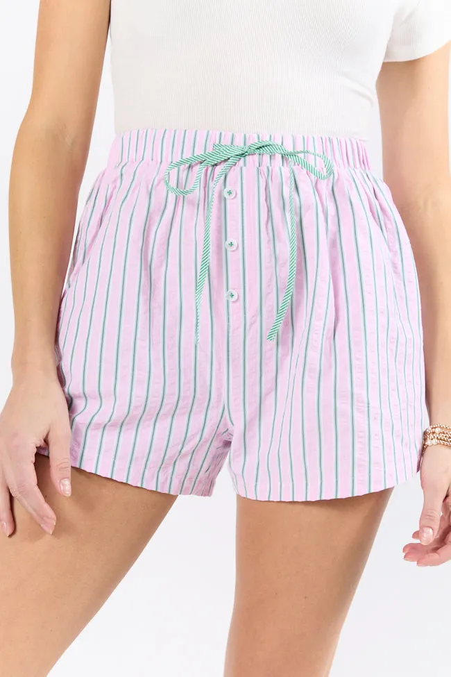 Palm Grove Light Pink and Green Striped Pull On Boxer Shorts,Women Shorts