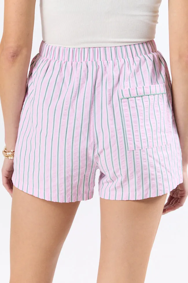 Palm Grove Light Pink and Green Striped Pull On Boxer Shorts,Women Shorts