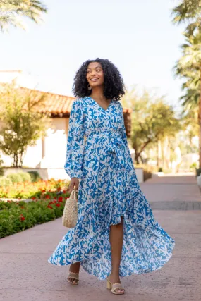 Palmetto Paradise Blue and White Long Sleeve Maxi Dress SALE,Daily Outfit