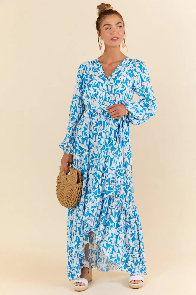 Palmetto Paradise Blue and White Long Sleeve Maxi Dress SALE,Daily Outfit