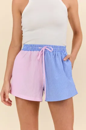 Perfect Days Blue and Pink Colorblock Striped Lounge Shorts,Women Shorts