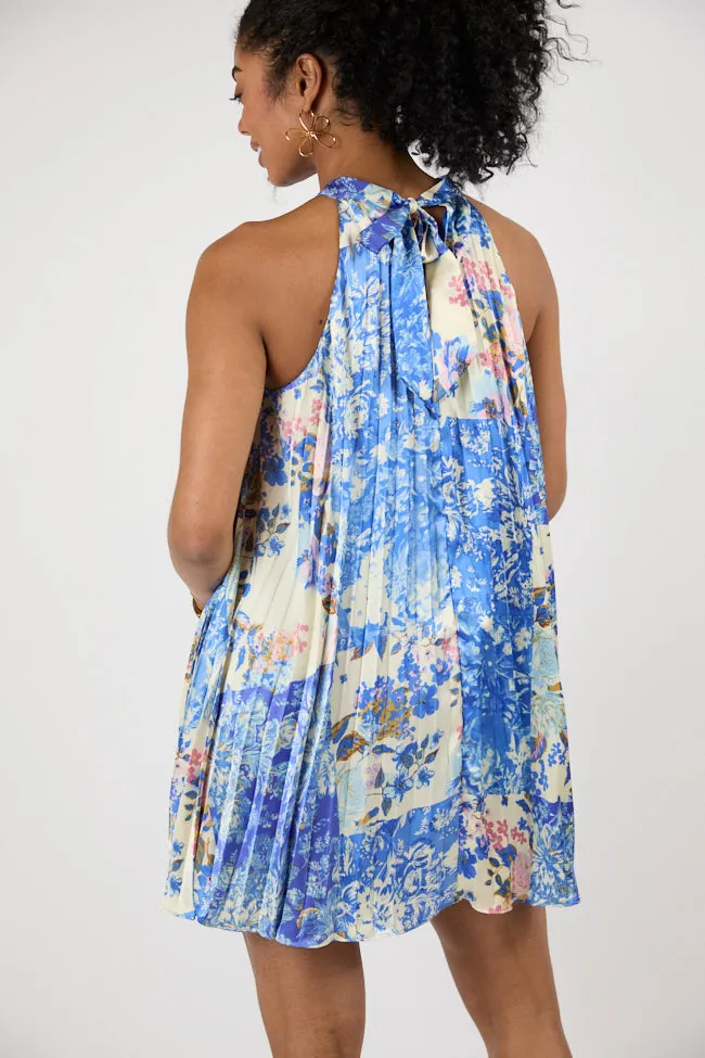 Petal Perfection Blue Multi Halter Neck Printed Mini Dress SALE,Daily Outfit