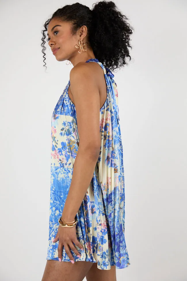 Petal Perfection Blue Multi Halter Neck Printed Mini Dress SALE,Daily Outfit
