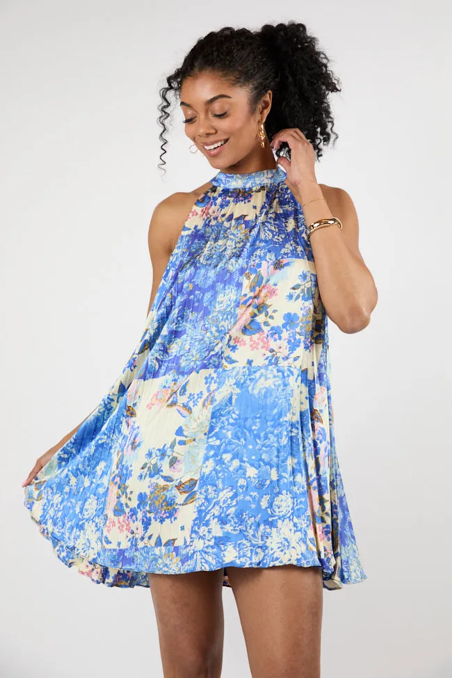 Petal Perfection Blue Multi Halter Neck Printed Mini Dress SALE,Daily Outfit