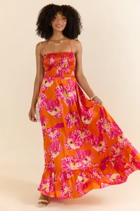 Pick Of The Summer Orange Printed Smocked Halter Maxi Dress,Daily Outfit