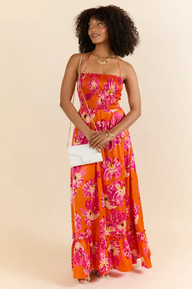 Pick Of The Summer Orange Printed Smocked Halter Maxi Dress,Daily Outfit
