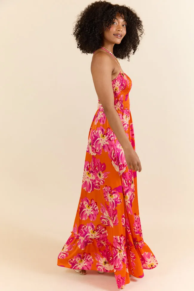 Pick Of The Summer Orange Printed Smocked Halter Maxi Dress,Daily Outfit