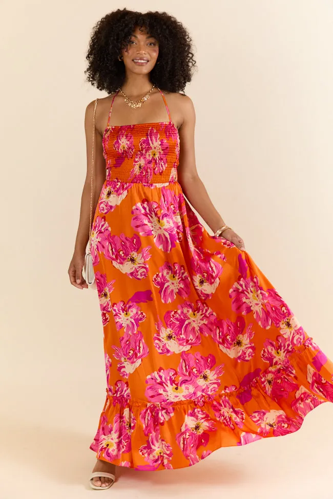 Pick Of The Summer Orange Printed Smocked Halter Maxi Dress,Daily Outfit