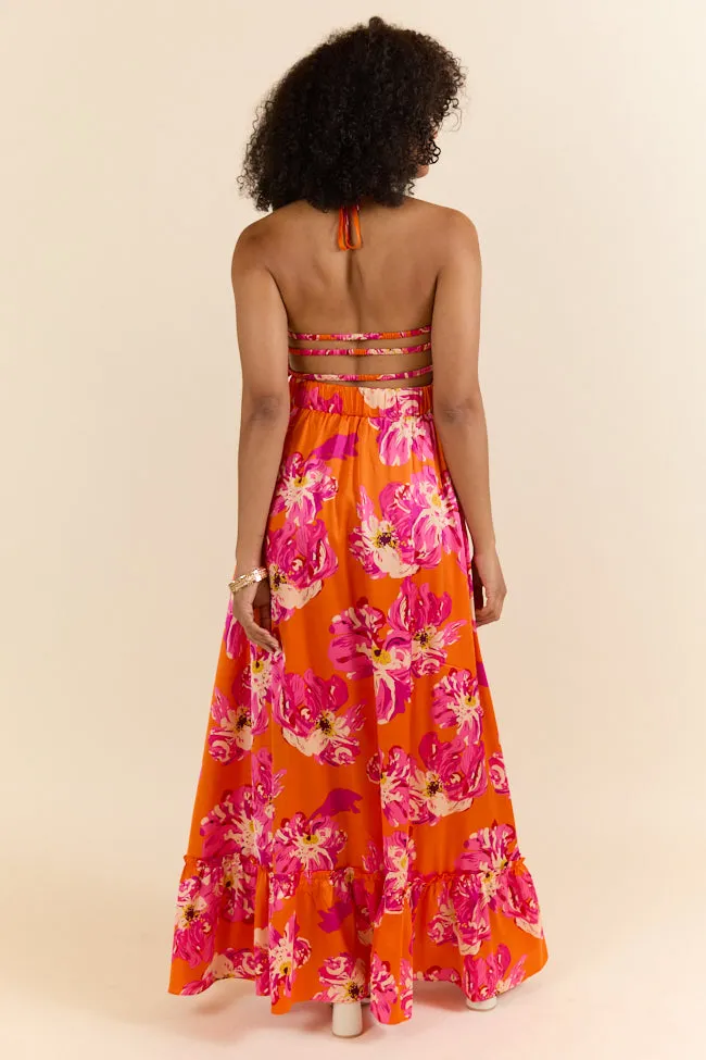 Pick Of The Summer Orange Printed Smocked Halter Maxi Dress,Daily Outfit