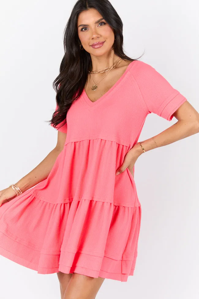 Planning Ahead Coral Waffle Knit Short Sleeve V-neck Dress SALE,Daily Outfit