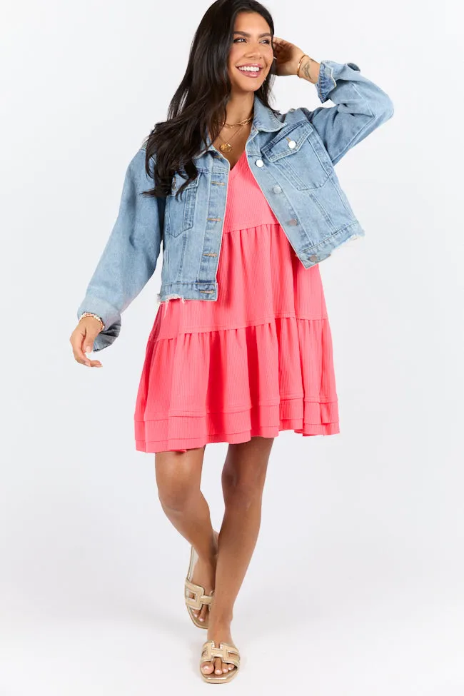 Planning Ahead Coral Waffle Knit Short Sleeve V-neck Dress SALE,Daily Outfit