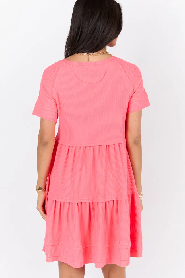 Planning Ahead Coral Waffle Knit Short Sleeve V-neck Dress SALE,Daily Outfit