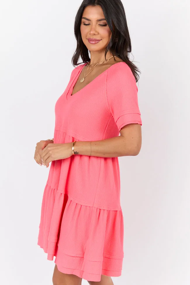 Planning Ahead Coral Waffle Knit Short Sleeve V-neck Dress SALE,Daily Outfit