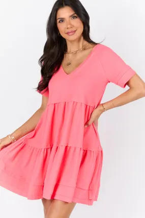 Planning Ahead Coral Waffle Knit Short Sleeve V-neck Dress SALE,Daily Outfit