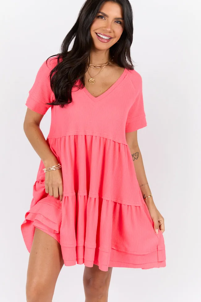 Planning Ahead Coral Waffle Knit Short Sleeve V-neck Dress SALE,Daily Outfit