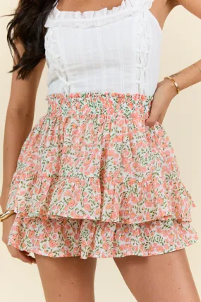 Pretty Moment Orange Multi Floral Print Tiered Mini Skort SALE,Women Skirts Comfort