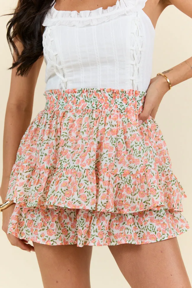 Pretty Moment Orange Multi Floral Print Tiered Mini Skort SALE,Women Skirts Comfort